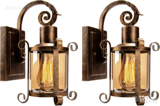 Plfann Рустик кехлибарен стъклен аплик за стена 2 броя, бронз, БЕЗ крушка, снимка 1