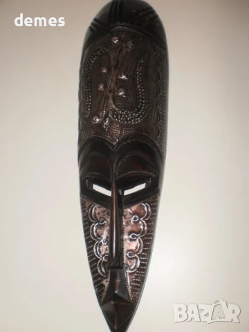 Африканска маска от абанос и мед-5+, снимка 3 - Антикварни и старинни предмети - 50887752
