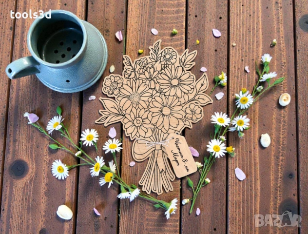 Дървено букетче с етикетче за 8-ми март., снимка 2 - Изкуствени цветя - 53600855