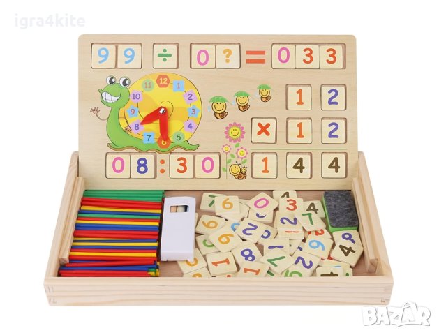 Дървена двустранна дъска с математика пръчици и часовник, снимка 8 - Образователни игри - 41083542