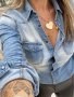 Ежедневна дамска дънкова риза с дълги ръкави от изтъркан деним, снимка 3