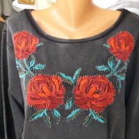 Широка блуза от плътно трико в цвят графит с бродирани цветя, снимка 2 - Блузи с дълъг ръкав и пуловери - 38928518