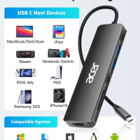 Acer USB C Hub, 7 в 1 USB C към 4K HDMI, 2 USB 3.1, Type-C, PD 100W, четец на SD карти, снимка 6 - Кабели и адаптери - 44518431