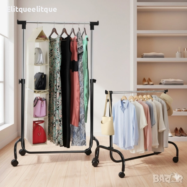 Регулируема метална закачалка на колелца – мобилен гардероб с регулируема височина, снимка 1