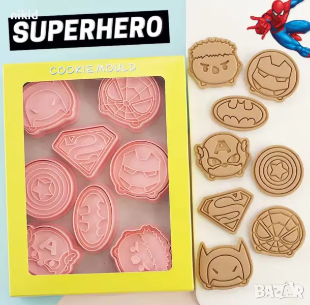 8 бр герои Avengers Хълк Батман Спайдърмен Айрън пластмасови разглобяеми резци форми тесто бисквитки, снимка 1