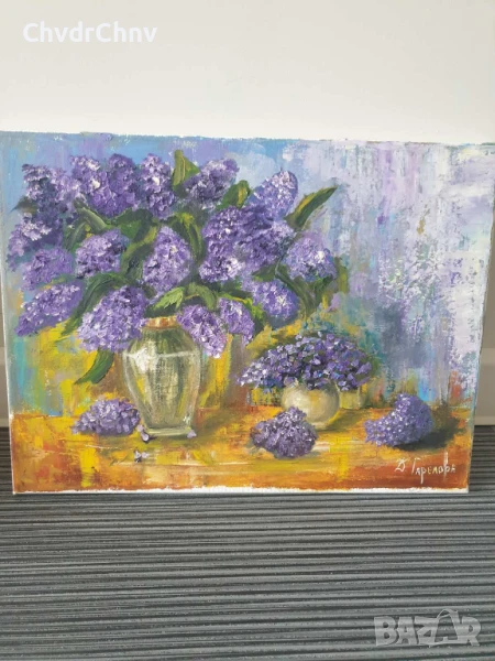 Деница Гарелова 40x30см/малка българска картина масло върху платно/натюрморт-цветя/ваза-люляк, снимка 1