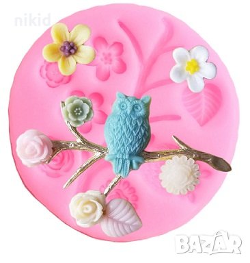 Бухал с клонка цветче листо силиконов молд форма декорация торта фондан сладки мъфини, снимка 1