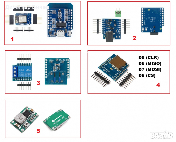 Arduino съвместим Wemos D1 mini WiFi, ESP 8266, shield, DC/DC конвертор, реле ,  Arduino, снимка 1