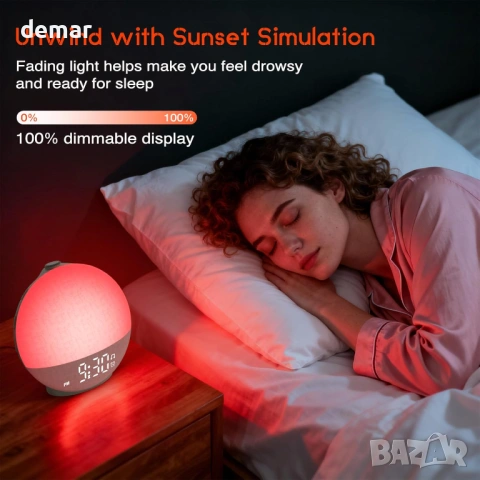 Будилник с изгрев/залез, машина за бял шум с 30 звука, 12 цвята, нощна светлина, снимка 5 - Други стоки за дома - 53794357