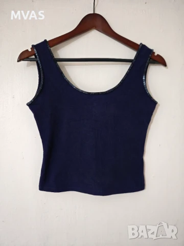 Нов дамски къс тъмно син топ с блестящи мъниста S M размер