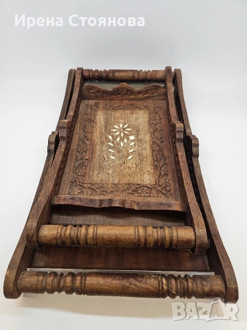 Винтидж табла за сервиране с ръчно резбовани флорални елементи, произход Индия около 1970 г. , снимка 11 - Декорация за дома - 53391619