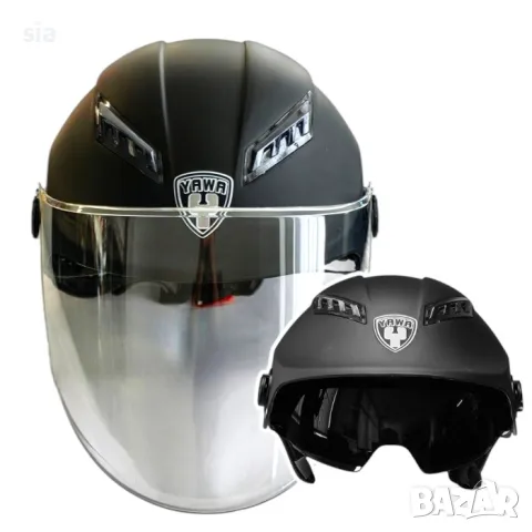 Каска за мотор с очила и визьор, Шлем за скутер, черен- Мат