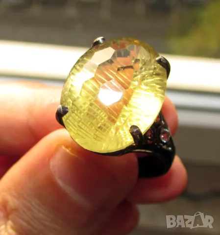 925 сребърен пръстен, родиево покритие с лимонов кварц 18 карата, размер 21x16мм, общо тегло 10.1гр., снимка 2 - Пръстени - 47577264