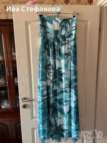 Ефирна дълга тюркоазена  елегантна ежедневна рокля тропик палми тропически принт , снимка 7 - Рокли - 41703823