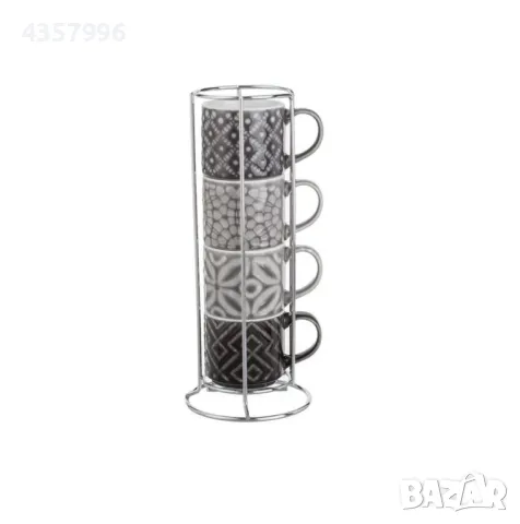 Комплект чаши за кафе, Метална поставка, Сиви 