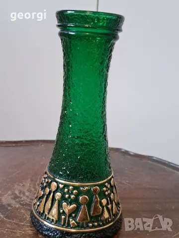 Стара немска ваза зелено стъкло с позлата 18/4, снимка 2 - Декорация за дома - 49162978