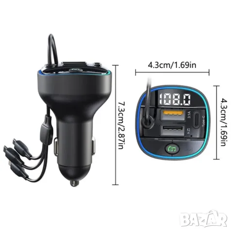 FM трансмитер 12V/24V с 2 USB Type-C и кабел с 3 накрайника, снимка 5 - Аксесоари и консумативи - 55863759