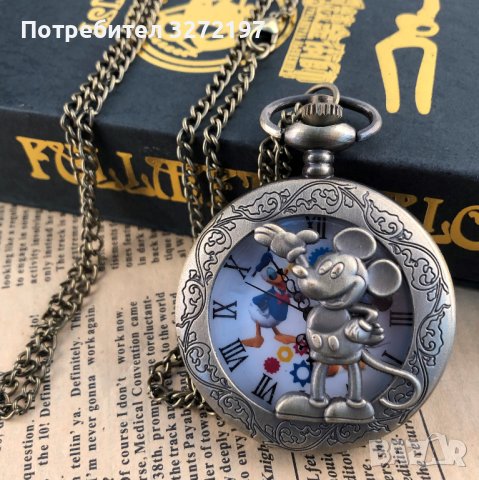 Мики Маус Класически джобен кварцов часовник с римски цифри+ верижка, снимка 4 - Джобни - 42201200