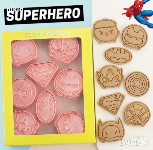 8 бр герои Avengers Хълк Батман Спайдърмен Айрън пластмасови разглобяеми резци форми тесто бисквитки