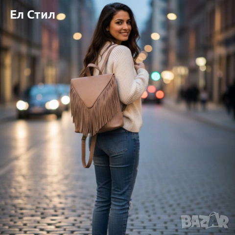 Дамска раница от еко к. с ресни – бохо стил, удобство и обем (36×30×16 см), снимка 2 - Раници - 53586055