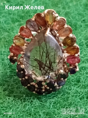 Артистичен сребърен пръстен с ТУРМАЛИНОВ КВАРЦ и многоцветни камъни 51822, снимка 3 - Пръстени - 52918747