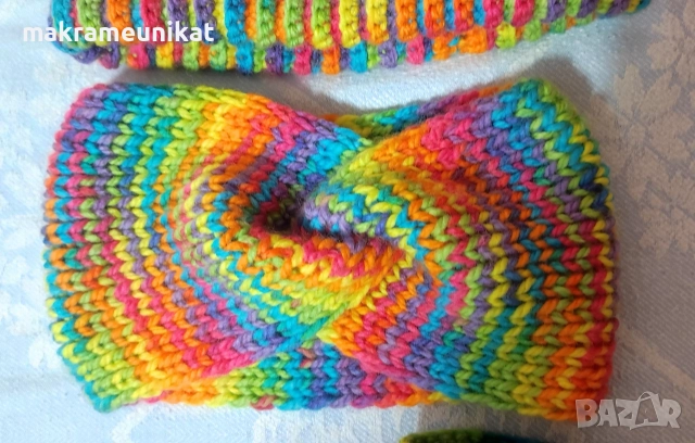 Лот шапка, ръкавици без пръсти, и лента за глава, нов, ръчно плетиво , снимка 7 - Декорация за дома - 52774173