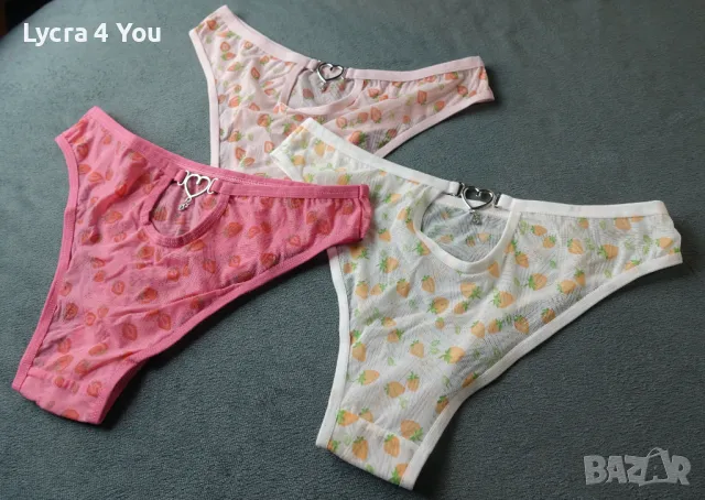 Нов дамски комплект от 3 броя изрязани бикини на ягодки, снимка 10 - Бельо - 48647073