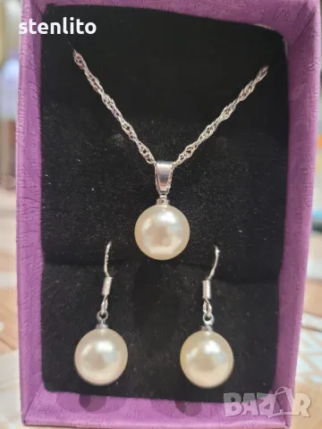 Комплект колие и обеци от сребро с перли , снимка 5 - Бижутерийни комплекти - 22182615