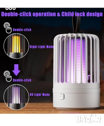 Електрическа лампа за убиване на комари Fly Zapper, 4000mAh USB акумулаторна, снимка 5 - Друга електроника - 52870059