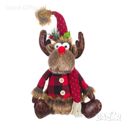 Коледен елен, седящ с Кариран костюм, 39см