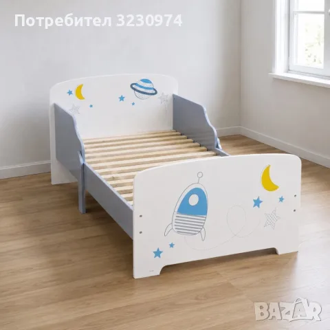 Детско легло Космос 140x70 см с ламелна основа – Бяло легло с пленети, звезди и ракета, снимка 2 - Мебели за детската стая - 56108242