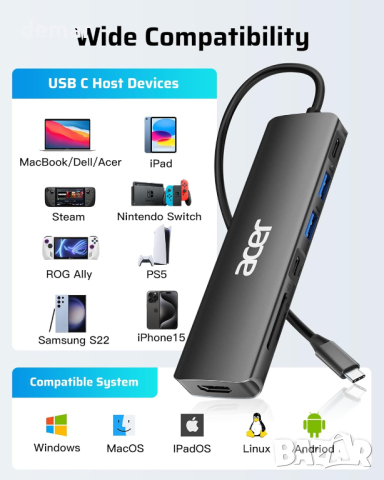 Acer USB C Hub, 7 в 1 USB C към 4K HDMI, 2 USB 3.1, Type-C, PD 100W, четец на SD карти, снимка 6 - Кабели и адаптери - 44518431