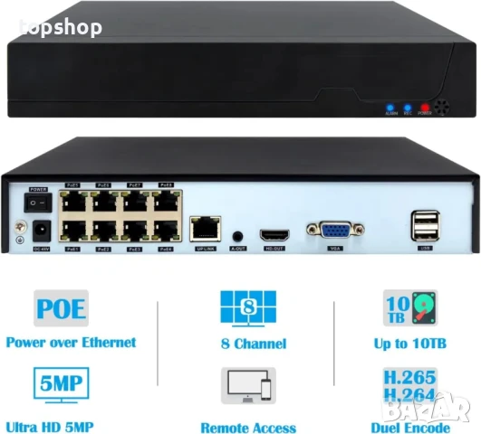 НОВ 8 канален POE NVR REVODATA POE4008ES, подържа 8 x 5MP IP камери и до 10TB SSD/HDD, снимка 2 - Комплекти за видеонаблюдение - 50502563