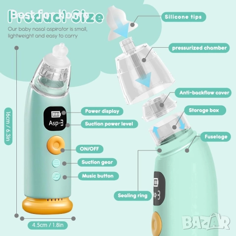 FACAIO Назален аспиратор с 3 накрайника, музикална, светлинна  функция, снимка 4 - Други - 51856378