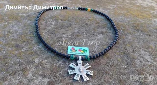 Колиета с Розетата от Плиска, оникс , малахит и ахат. Бижута Луди гъби.