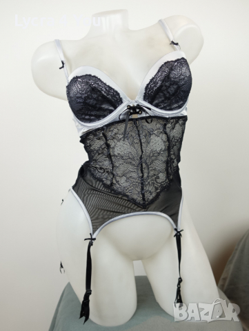 75B еротичен корсет от сив сатен и черна дантела с тюл, снимка 2 - Бельо - 36157956