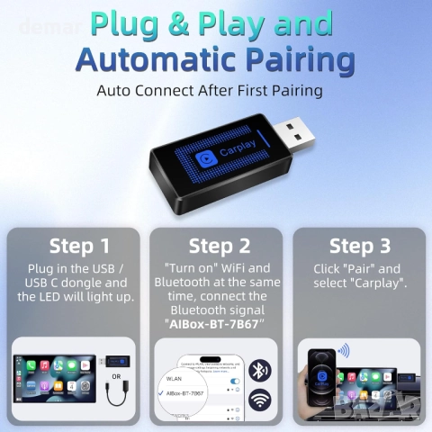 Безжичен CarPlay адаптер (2025) за iPhone - Plug & Play USB конвертор, автомобили 2016+ и iOS 10+, снимка 6 - Аксесоари и консумативи - 51934780