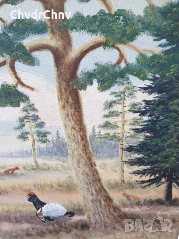 Ritwall 67х57см/стара шведска картина масло върху платно/горски пейзаж-фазани/дървена рамка, снимка 6 - Картини - 51454543