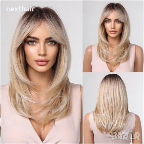 Омбре руса перука 60 см - модерни нюанси и тъмни корени, снимка 7 - Аксесоари за коса - 53830661