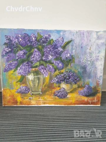 Деница Гарелова 40x30см/малка българска картина масло върху платно/натюрморт-цветя/ваза-люляк