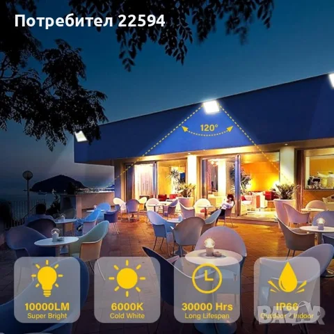 LED прожектор 100 W 10 000 LM 230 V с щепсел водоустойчив – студено бяло, снимка 2 - Прожектори - 55781695