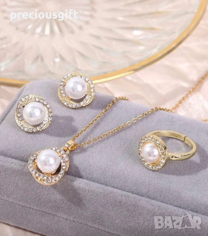 Комплект бижута от 3 части - колие, обеци и пръстен, снимка 2 - Бижутерийни комплекти - 52338688