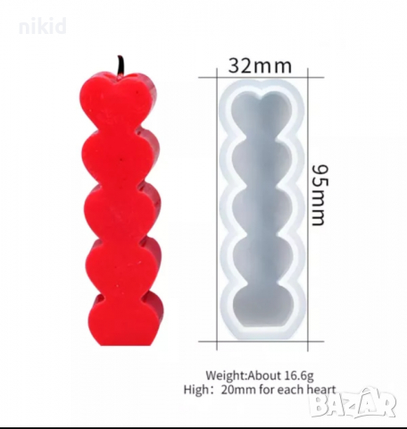 5 сърца в колона висока свещ сърце силиконов молд форма фондан шоколад гипс смола свещи, снимка 5 - Форми - 36306255