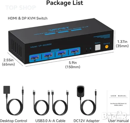 Двоен монитор HDMI+Displayport KVM превключвател 2 монитора, снимка 1 - Дънни платки - 48764456