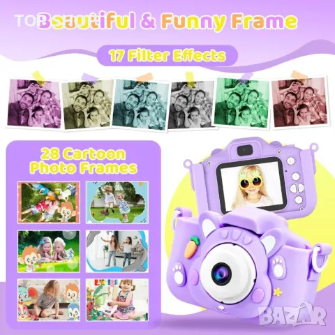 Детска камера 1080P HD 2,0-инчов екран с 32GB карта, лилава, снимка 5 - Образователни игри - 49937585