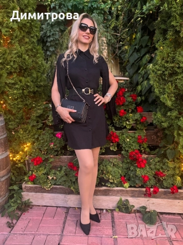 Дамска черна сатен памук рокля риза с колан и отворени ръкави , снимка 7 - Рокли - 49522099