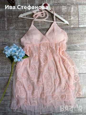 Нежна елегантна ефирна женствена рокля 3Д цветя рокля в прасковен цвят, снимка 14 - Рокли - 41794700