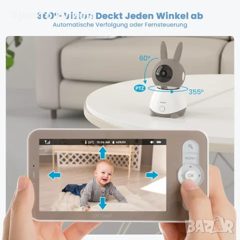 Бебефон с 2 камери и монитор ieGeek 2K 3MP 5-инчов WiFi видео бебефон с PTZ 360, снимка 5 - Бебефони - 55779781