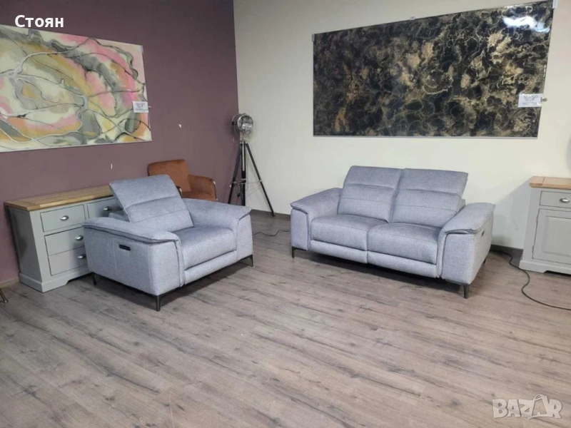 Сив комплект от плат двойка и фотьойл с електрически релакс механизъм, снимка 1