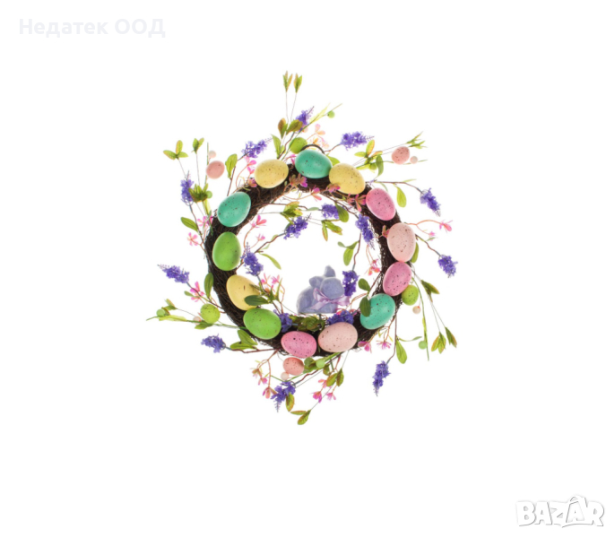 Великденски венец, с цветни пастелни яйц, Заек Лавандула, 40см, снимка 1